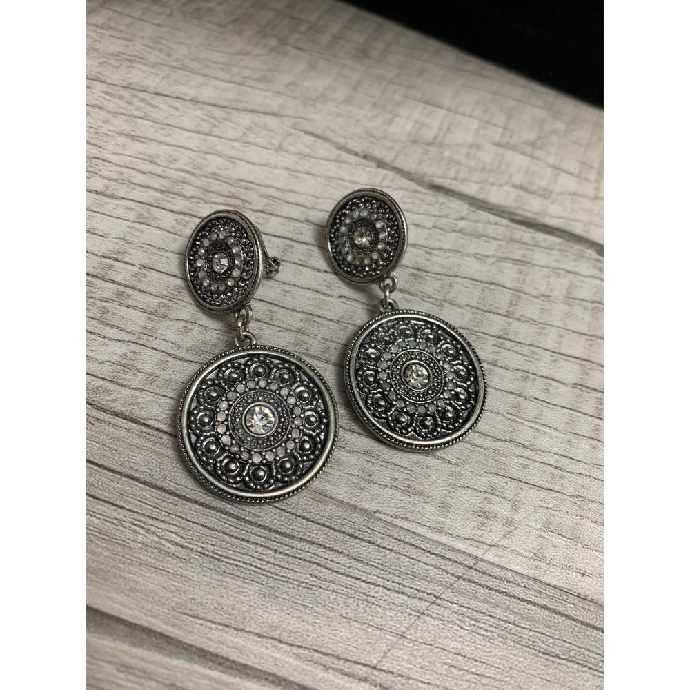 Vintage Silver Tone Medallion Clip On Drop Earrings Boho Crystal Statement 2in